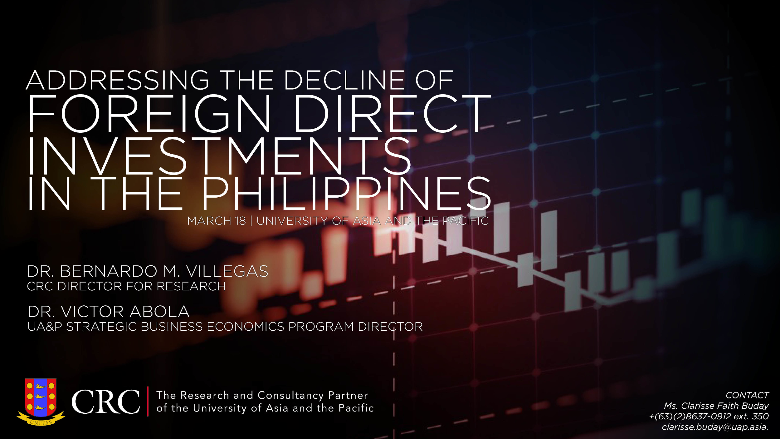 CRC is bringing together key businessmen, academics, and other relevant industry players on March 18 for an in-depth discussion on Addressing the Decline of FDIs in the Philippines. Dr. Bernardo M. Villegas and Director Dr. Victor Abola will speak at the event.