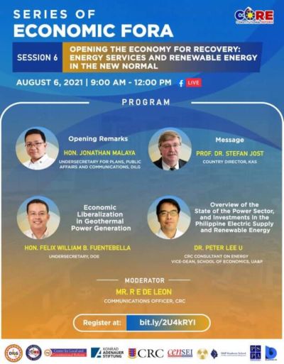 CRC is co-organizing Session 6 of the Series of Economic Fora on Foreign Direct Investments and the Economic Amendments on the Philippines’ 1987 Constitution at 9:00AM on July 23, 2021 -- this time, focusing on “Energy Services and Renewable Energy in the New Normal”